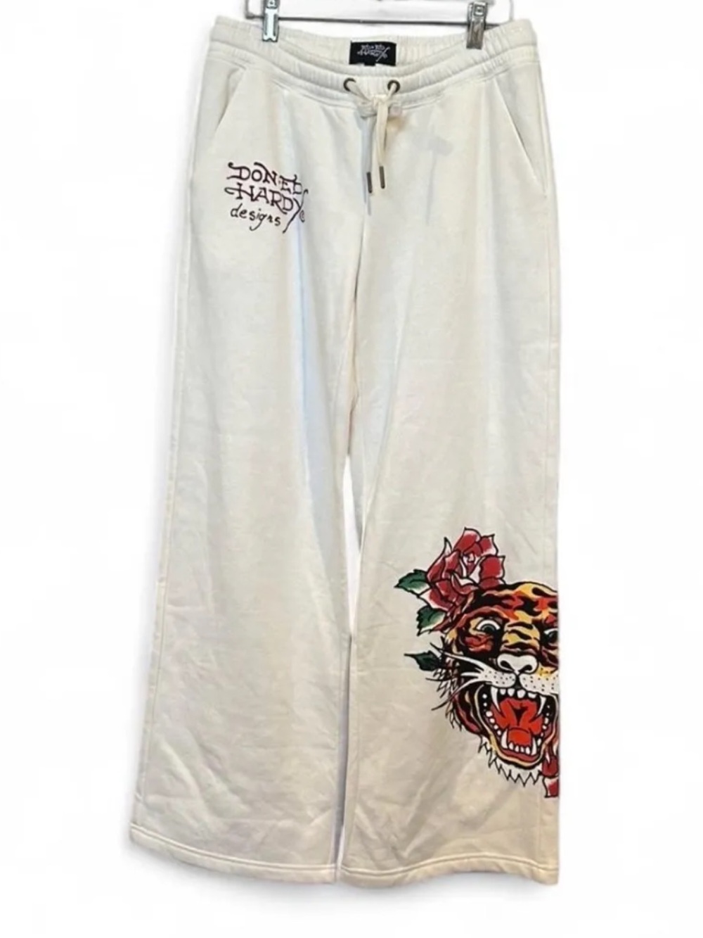 Ed Hardy Cream Wide-Leg Sweatpants with Tiger & Rose Motif Y2K